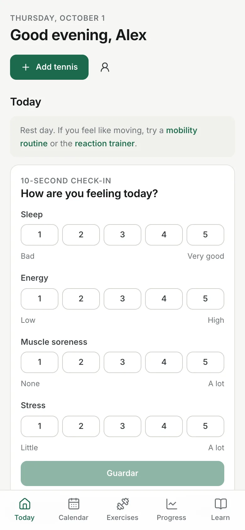 Mi Tenis Today screen: today’s session, upcoming matches and weekly consistency