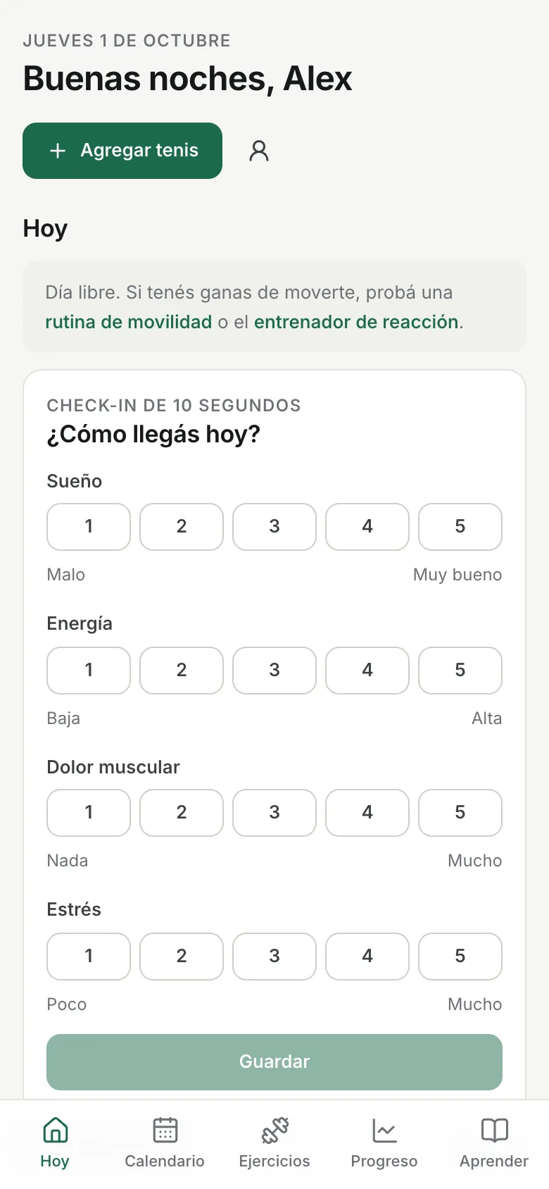Pantalla Hoy de Mi Tenis: sesión del día, próximos partidos y constancia semanal