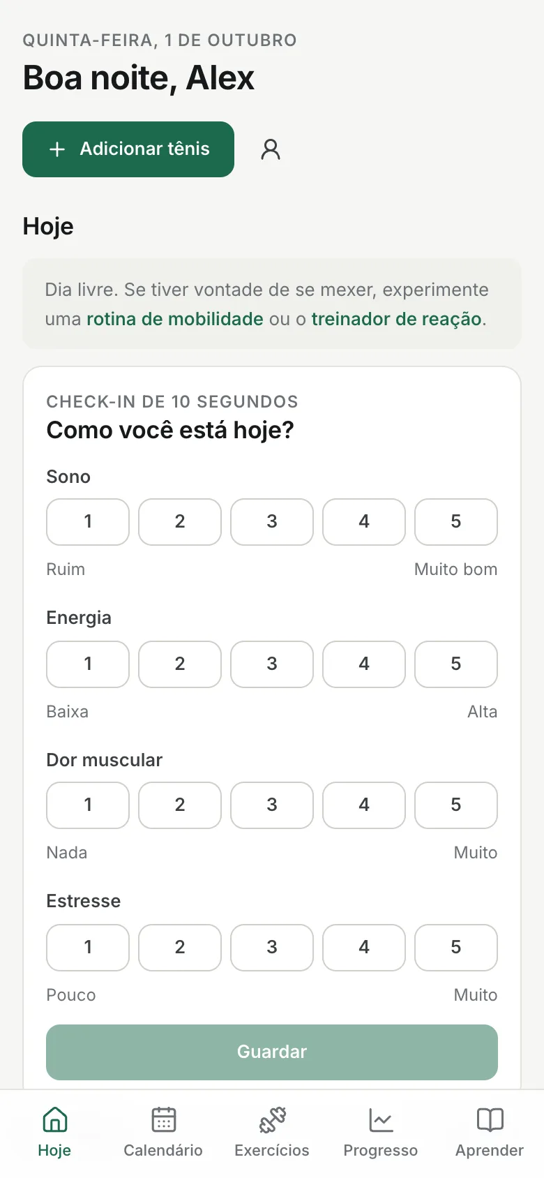Tela Hoje do Mi Tenis: sessão do dia, próximos jogos e constância semanal